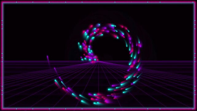 A looping animation of a glowing neon Atari-style border with pulsating pixel lights, retro arcade grid background, and smooth 80s synthwave glow. 