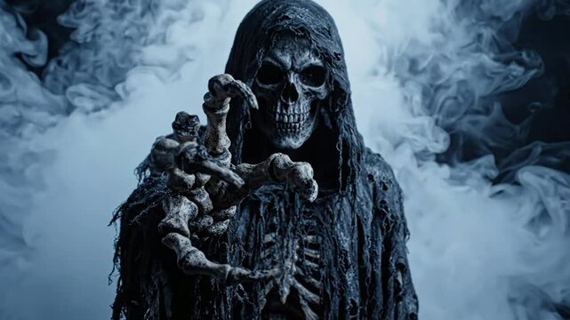 Grim reaper reaching out from dark fog: cinematic horror character for halloween and supernatural thriller concepts