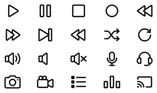 Set of multimedia player control and media playback line vector icons with play button pause button stop button