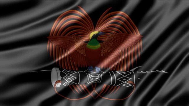 Papua New Guinea flag with detailed crest featuring bird of paradise moving in gentle wind as animated digital video