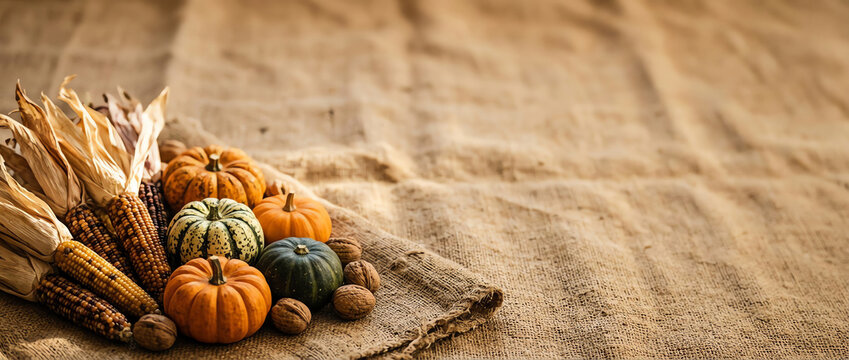 Autumn harvest arrangement featuring colorful pumpkins, Indian corn, and walnuts resting on rustic burlap fabric under warm natural light, panoramic agricultural banner for fall seasonal decor.