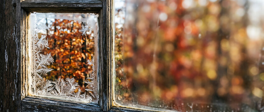 Frost patterns on weathered wooden window frame overlooking blurred autumn forest with vibrant orange foliage in warm morning sunlight during cold seasonal transition period.