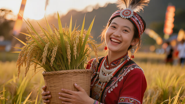 Joyful Young Ami Woman With Rice Harvest Wicker Basket Taiwan Festival