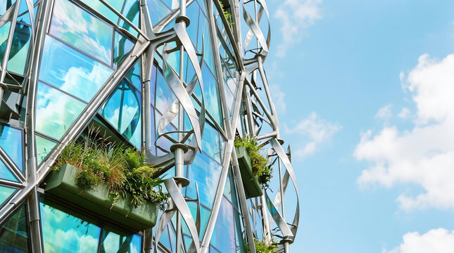 Futuristic sustainable building facade with integrated vertical wind turbines and green planters against a clear blue sky, eco-friendly architectural design for renewable energy.