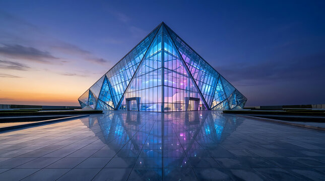 Futuristic glass pyramid glowing at sunset on a modern plaza, reflecting in the ground with vibrant purple and blue lights, contemporary geometric architectural design for luxury builds.