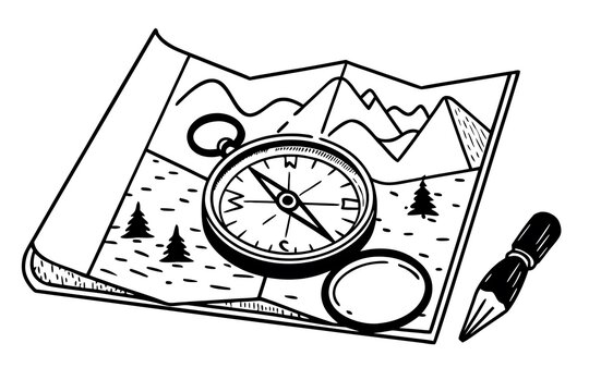 Vintage compass on old map with pen illustration