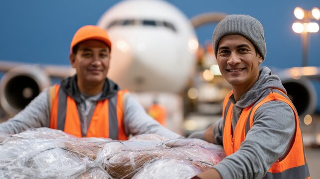 Two male airport cargo workers in orange vests carry a large load of packages at an airport with an airplane visible in the background during evening hours