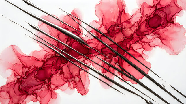 Abstract red ink wash background with sharp black lines and artistic paint splashes