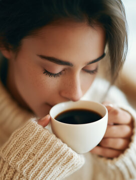 Close up of a young woman enjoying a warm cup of hot coffee while wearing a cozy sweater.