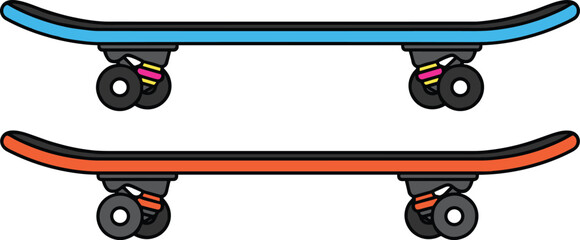 Two colorful skateboards side view vector icon set with blue and orange decks isolated on white background for street sports design © MstAlif