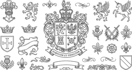 Vintage heraldic coat of arms element set featuring royal shields crowns rampant lions unicorns crossed swords fleur de lis and ribbons line art vector illustration © MstAlif