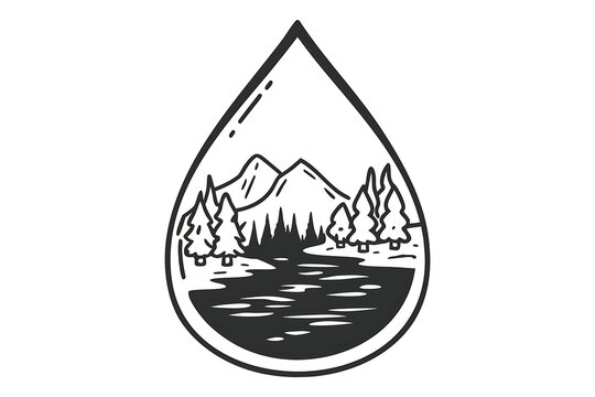Water droplet with mountain forest landscape illustration