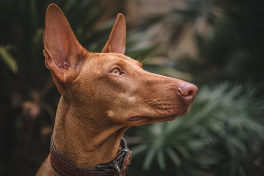 Pharaoh Hound portrait. Brown fur, perked ears, alert expression. Sleek dog against blurred natural background