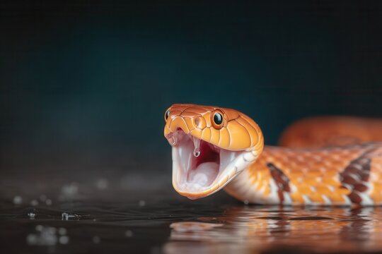An orange corn snake is captured with its mouth wide open, seemingly ready to strike, a display of natural reptilian behavior