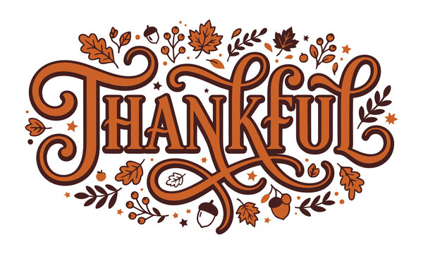 Thanks giving day   stalker editable design new 2026 Colorful thankful autumn decorative text with autumn leaves and florals isolated on transparent background, Vector, illustration