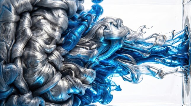 Abstract blue and silver metallic ink swirling in water isolated on white background