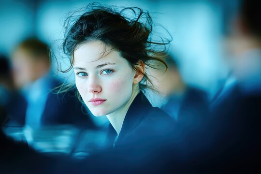 Young woman gazes intently, her piercing eyes hinting at thoughtfulness. Captivating beauty shines amid the blurred backdrop in this serene, elegant portrait