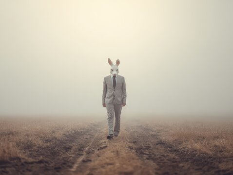 A surreal scene features a man with a rabbit mask, wearing a suit and tie, walking down a path in the foggy countryside, seemingly following a business path