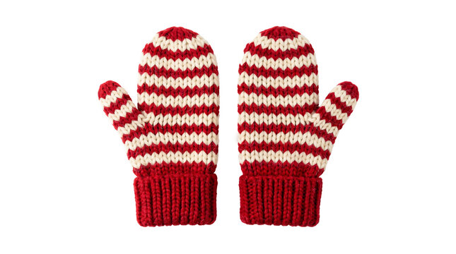 Cozy red and white striped hand knitted wool mittens featuring textured stitching for winter warmth displayed on transparent background