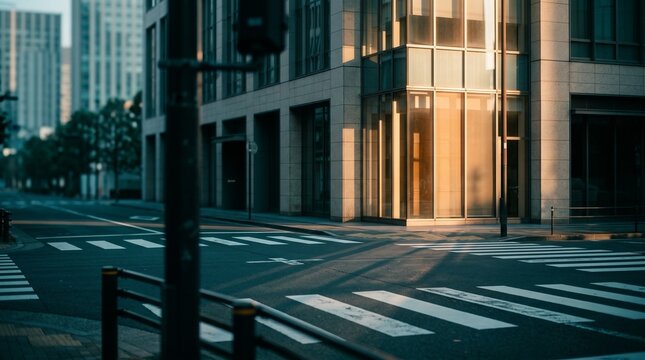 Sunlit Glass Corner Above an Empty Crosswalk