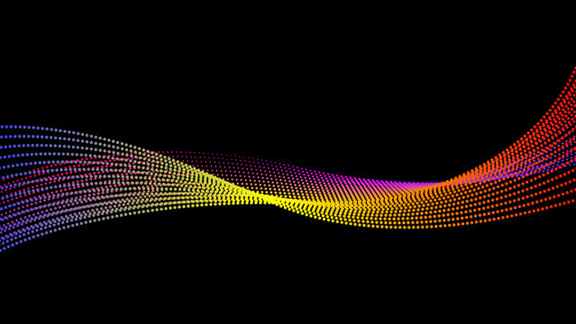 Dynamic rainbow particle soundwave on black background suitable for audio visualization templates.
