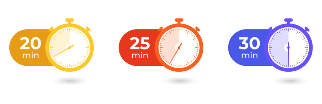 Colorful timer icons for time management and productivity on transparent background