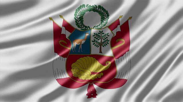 Peru coat of arms featured on a soft white silk fabric waving in motion during a high quality digital animation footage