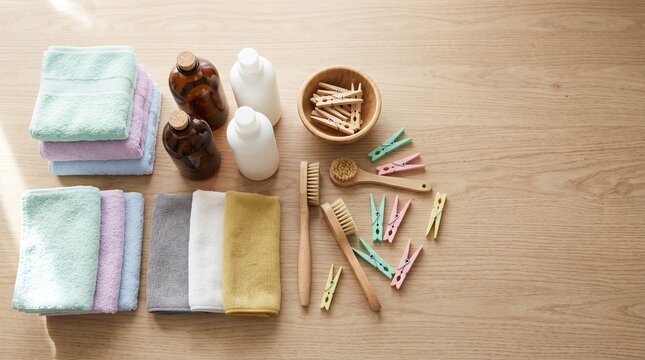 Laundry room countertop flat lay with pastel towels, brushes, clothespins, unbranded bottles, colorful organized cleaning supplies detail