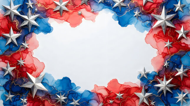 Shiny metallic stars with red and blue watercolor paint splash frame background