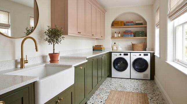Olive and blush laundry room with terrazzo floor, arched towel shelves, white washer dryer, utility sink, upscale colorful home renovation