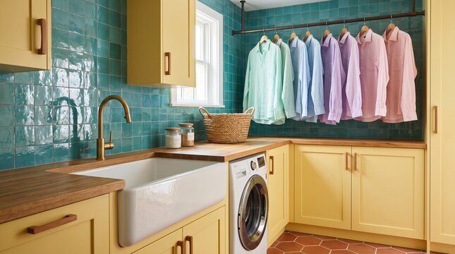 Teal tile laundry room with butter yellow cabinets, farmhouse sink, hanging pastel shirts, washer under counter, joyful colorful utility design
