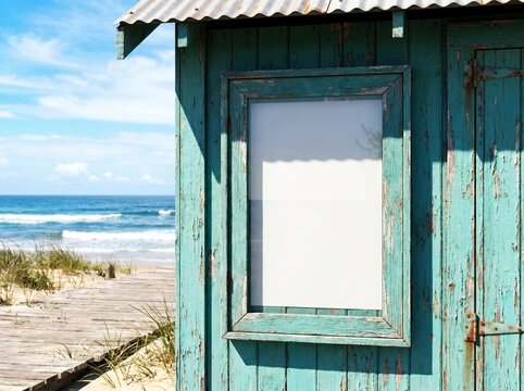 Blank poster frame on teal wooden beach hut with ocean view.