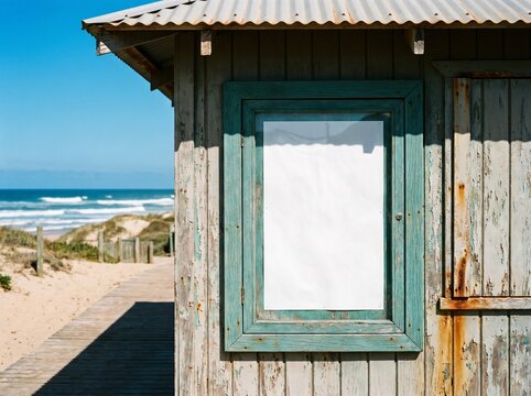 Blank poster on green frame of rustic beach hut near ocean.