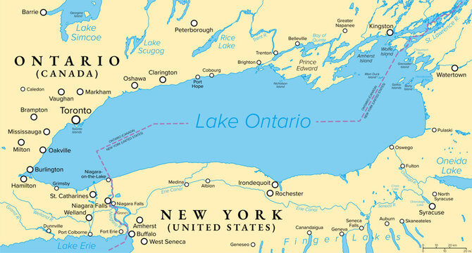 Lake Ontario, easternmost of Great Lakes in North America, political map. Bounded by the Canadian province of Ontario, and by U.S. state of New York. The border spans the centre of the lake. Vector