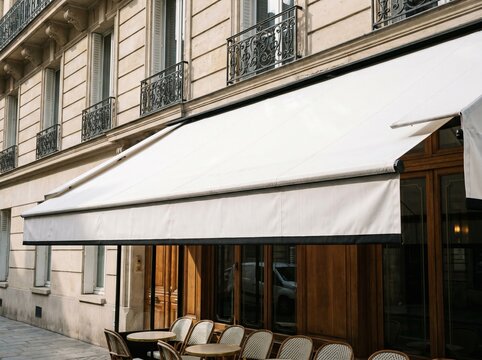 White retractable awning over a Parisian cafe terrace with classic stone building facade.