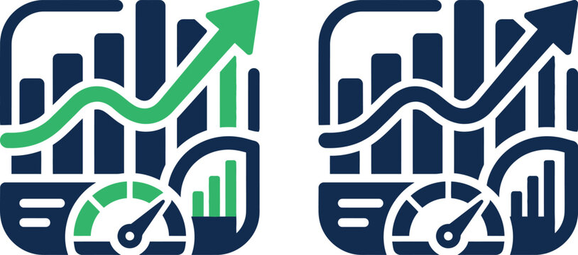 Business performance icons featuring bar charts and speedometers representing growth and efficiency for financial data analysis
