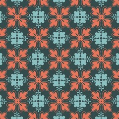 Retro floral pattern with coral and teal motifs on a dark background © kee