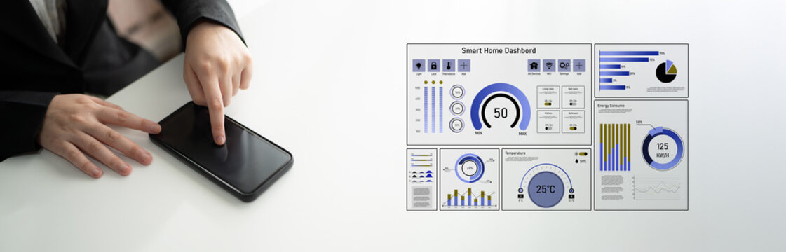 Smart home dashboard manages IoT system. Smart home dashboard controls temperature, dashboard tracks energy, smart home handles devices, and smart home dashboard monitors data. Latch