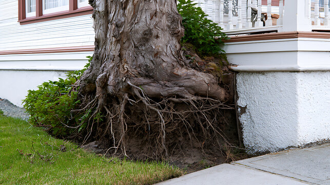 Large tree trunk showing thick exposed roots growing dangerously close to house foundation, presenting structural hazard and damage risk