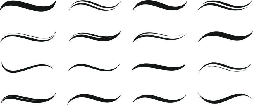Black brush stroke underlines and swooshes vector set, handwritten flourishes and calligraphy accents