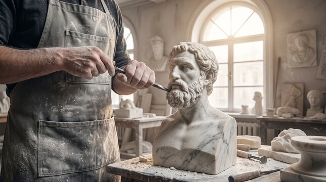 Professional sculptor carving a classical marble bust in a sunlit art studio workshop