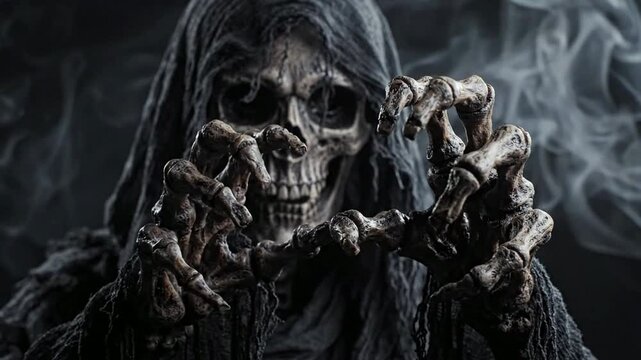 Grim reaper reaching out with skeletal hands in dark smoky atmosphere, spooky halloween horror concept