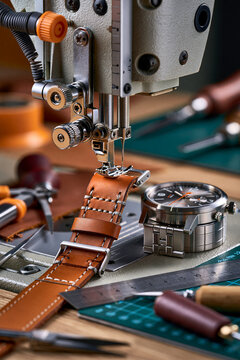 AI generator images of Professional leather craftsman sewing a leather watch strap only, only the leather strap passing through the sewing machine, detached watch case lying beside the machine, separa