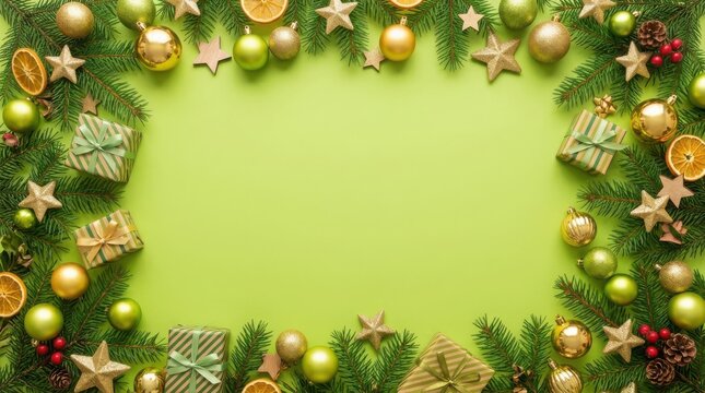 Christmas frame made of fir branches and gold ornaments on a light green background