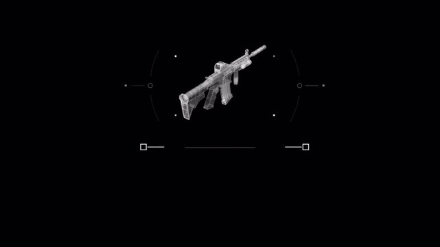 Futuristic digital HUD interface displaying a rotating assault rifle weapon model.
