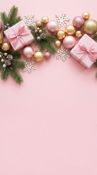 Christmas background with pink and gold ornaments and gift boxes on pastel pink