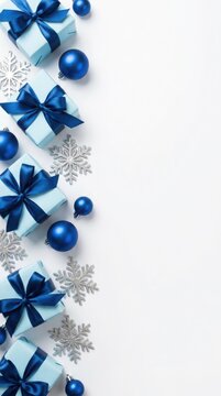 Christmas background with blue gift boxes and silver snowflakes on white surface