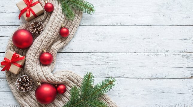 Christmas background with red ornaments pine cones and gifts on white wooden planks