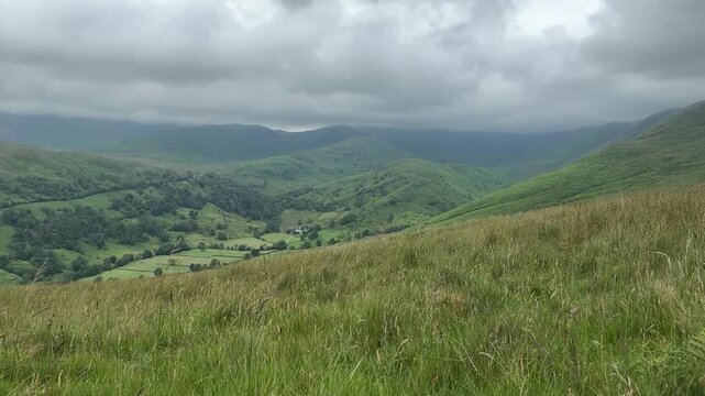 Tall grass moves in the wind on a hillside overlooking a green mountain valley beneath low cloud and mist, with rolling hills extending into the distance.