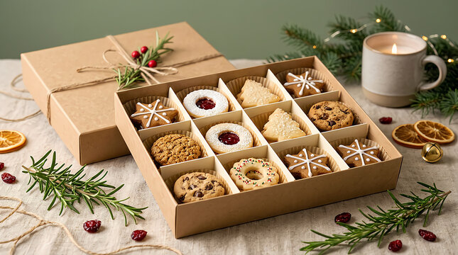 Assorted christmas cookies in a cardboard box with rosemary and a warm drink mug